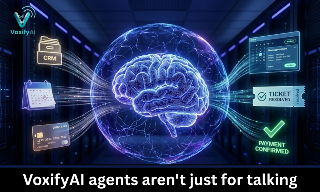 AI voice agent technical architecture showing integration with CRM, calendars, and payment gateways