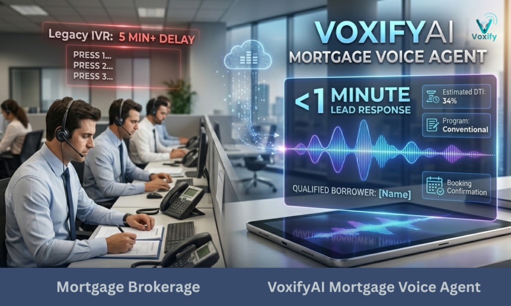 Technical flowchart visualization of a voice AI agent capturing data from mortgage forms and syncing directly with a CRM database.