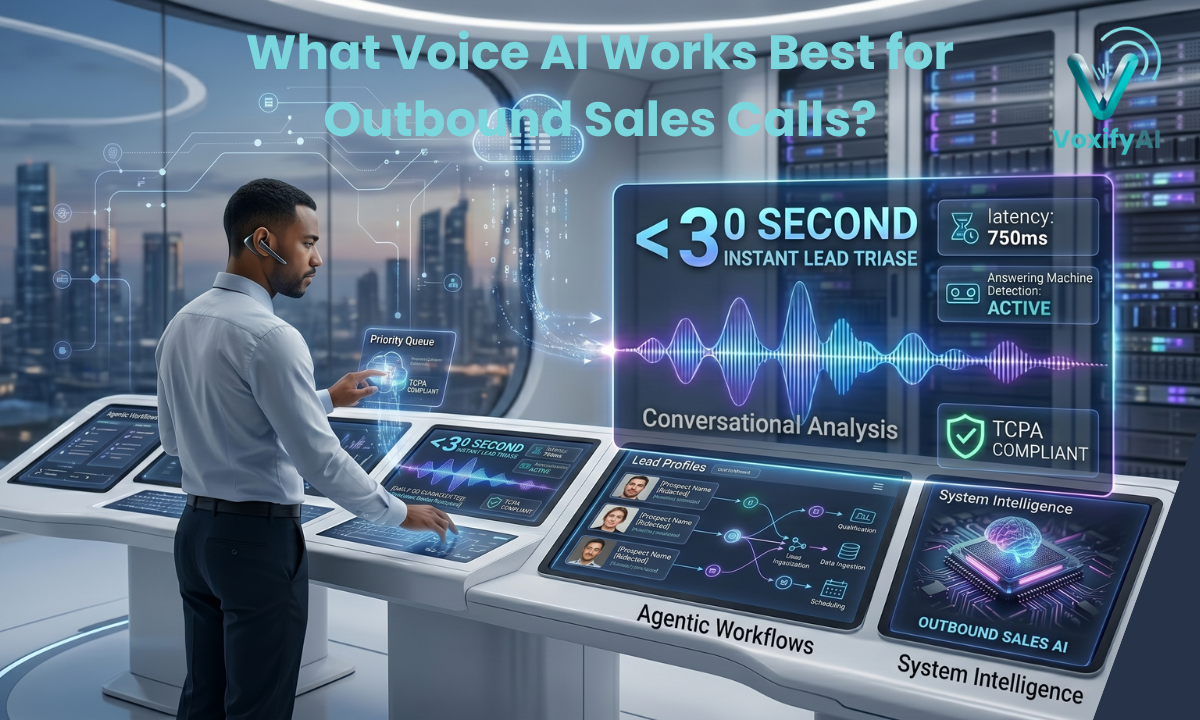 A modern enterprise operations command center showcasing an outbound voice AI platform with sub-one-second latency and TCPA compliance metrics on a digital display.
