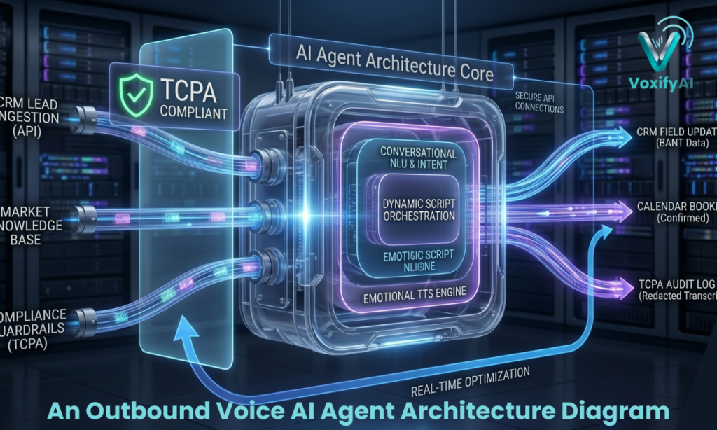 A technical architecture diagram showing an outbound AI voice agent core processing CRM lead ingestion, compliance guardrails, and automated calendar bookings.