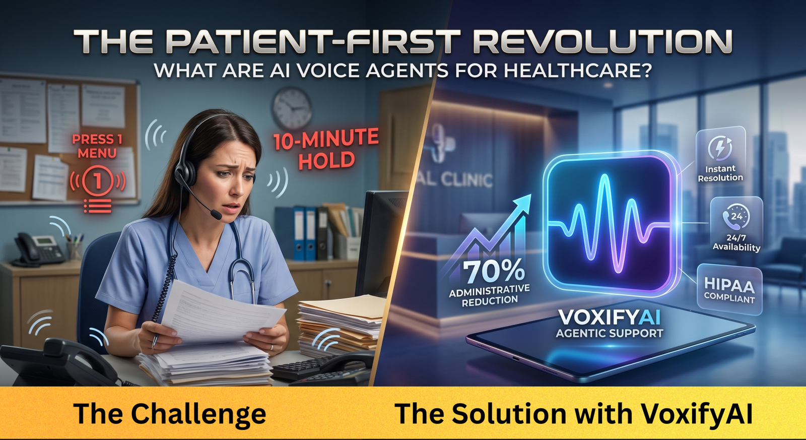 A stressed clinic receptionist with phones and paper files (left) vs. a modern medical office using a seamless VoxifyAI healthcare voice agent interface (right).