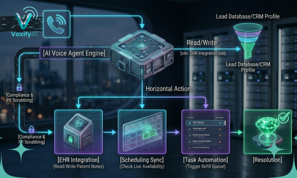 A technical architecture diagram detailing the workflow of an autonomous SDR AI voice agent, showing data pathways for CRM lead ingestion, TCPA compliance guardrails, and automated calendar bookings.