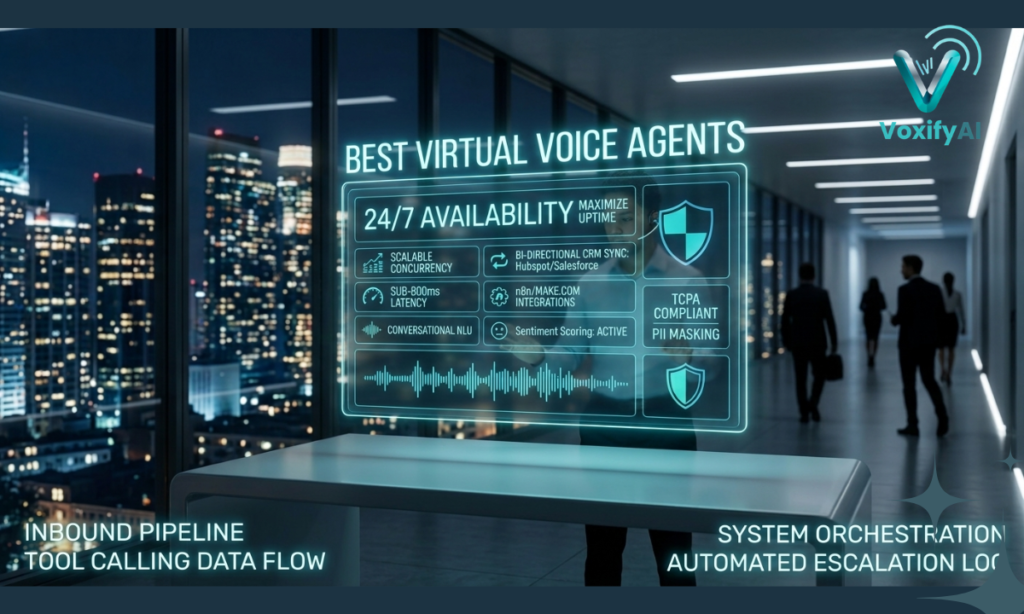 An enterprise operations center banner illustrating a 24/7 virtual voice agent workflow displaying glowing teal node connections, real-time audio soundwaves, and a compliance shield