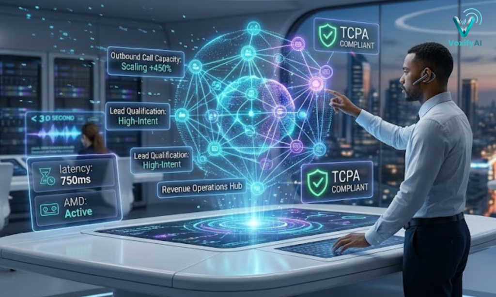 A dynamic enterprise revenue operations command center where a Sales Director uses high-performance AI voice agents to orchestrate complex nodal sales network visualizations with sub-one-second latency benchmarks.