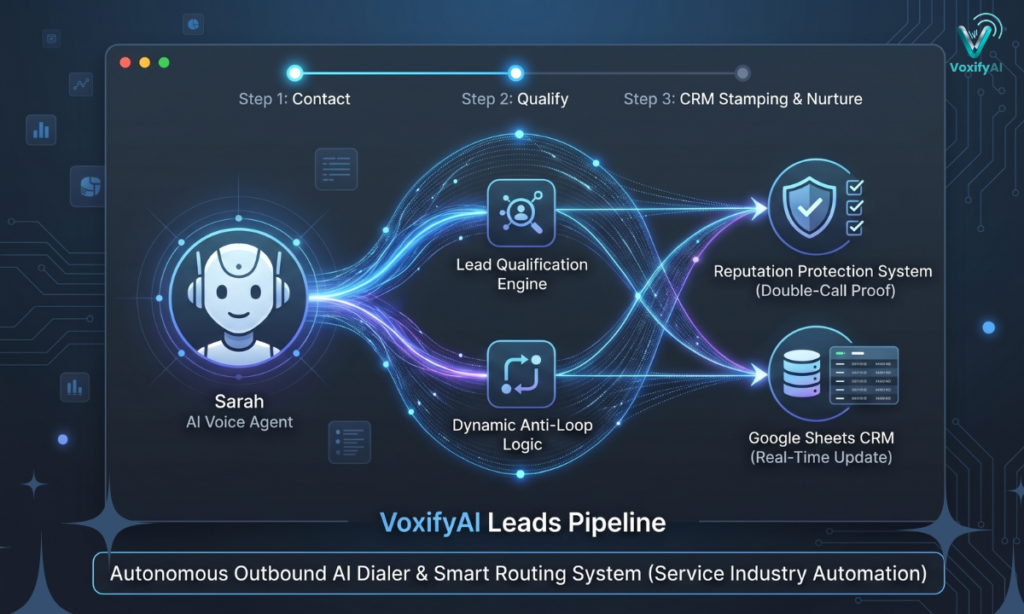 System architecture diagram of VoxifyAI's autonomous outbound AI dialer system featuring Sarah AI Voice Agent, dynamic anti-loop logic, and Google Sheets CRM integration.